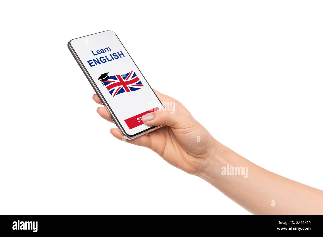 Language Educational App Opened On Smartphone In Woman's Hand Stock Photo