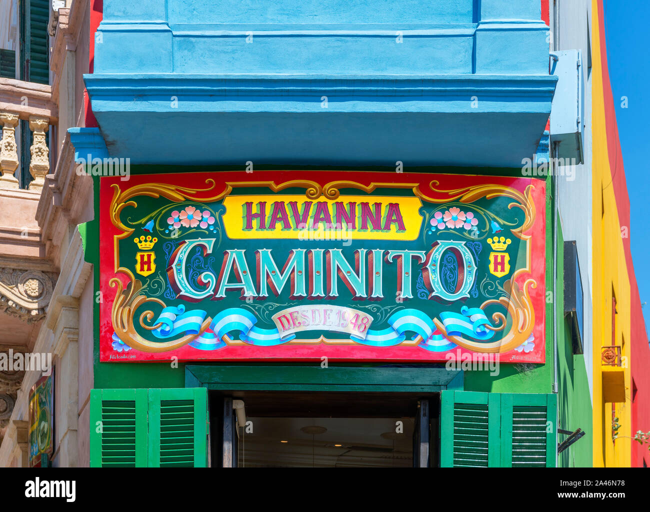 Sign outside tha Havanna Caminito store in El Caminito, a colourful street in La Boca district of Buenos Aires, Argentina Stock Photo