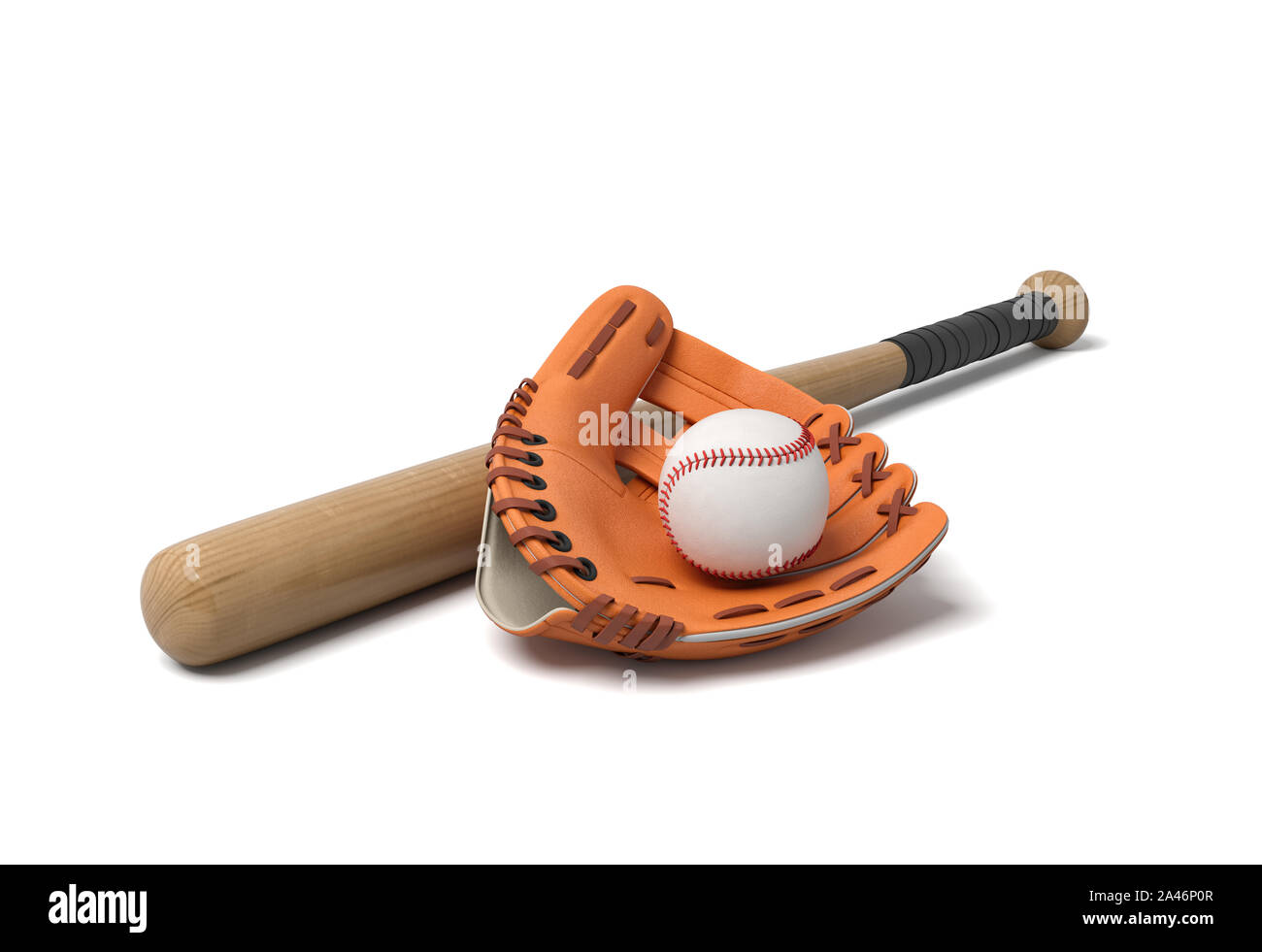 3d rendering of a baseball lying inside a large leather glove near a wooden  bat on a white background. Basic baseball equipment. Sport gear. Bat and b  Stock Photo - Alamy