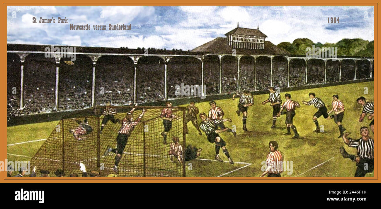 A 1904 colour illustration of Newcastle upon Tyne playing soccer against Sunderland at St Jame's Park, England in 1904. It was  a friendly match held on September 27th. The match was kicked off by the Admiral of the Channel Fleet, Lord Beresford. United won 2-1 Stock Photo