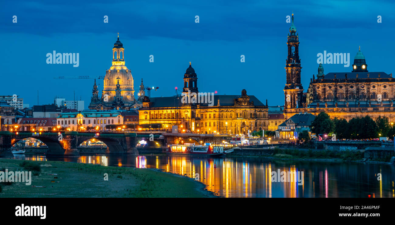 Dresden at night Famous landmarks illuminated Stock Photo