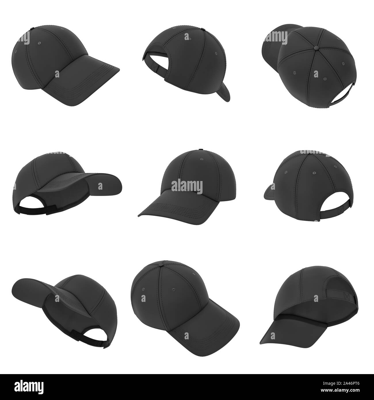 3d rendering of many black baseball caps hanging on a white background in different angles. Baseball hat. Casual headwear. Sport style. Stock Photo
