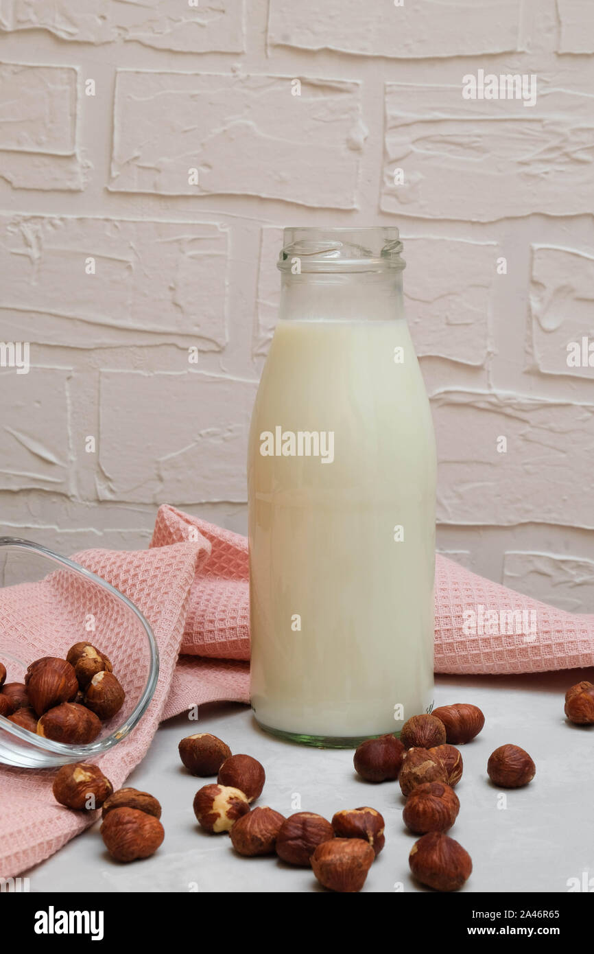 Bottle of non-dairy hazelnut milk with hazelnuts on grey background Stock Photo