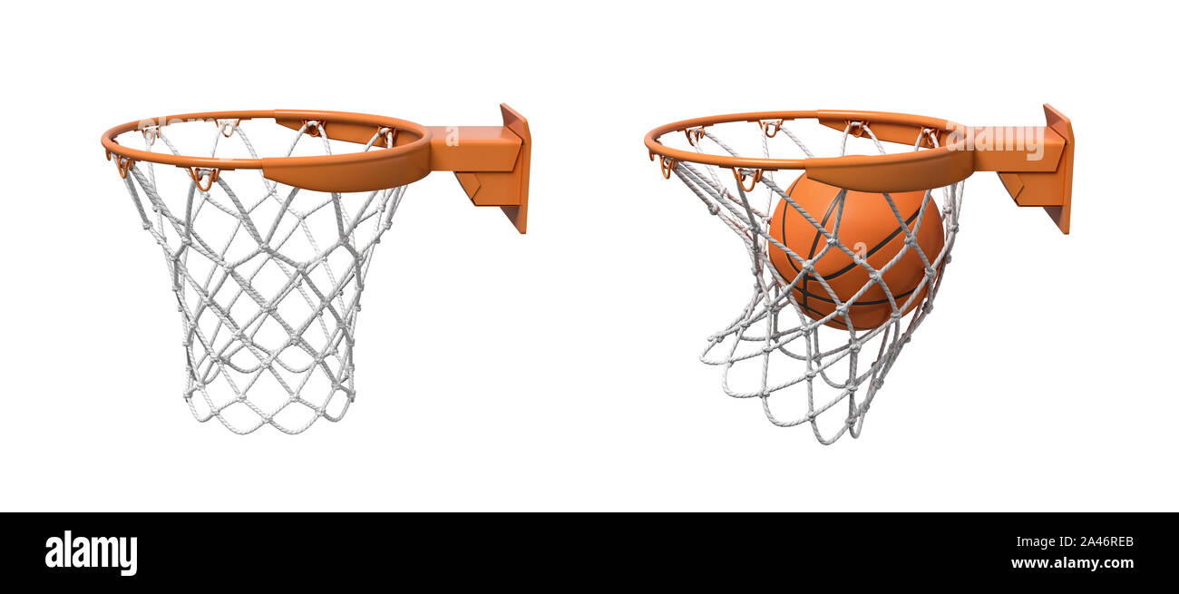 3d rendering of two basketball nets with orange hoops, one empty and
