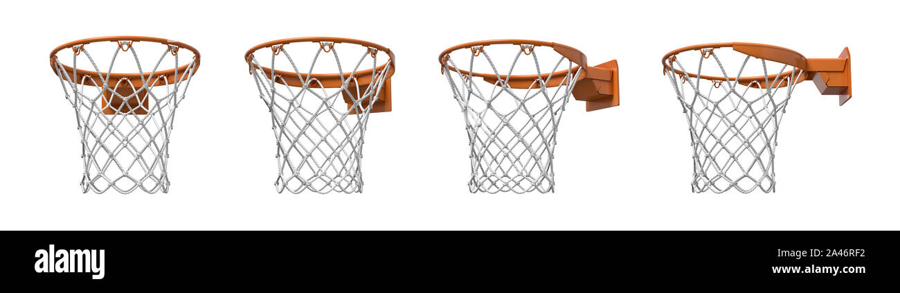 3d rendering of a set made of four basketball baskets with orange loop and fixing bracket. Empty basket. Zero points. Losing game. Stock Photo