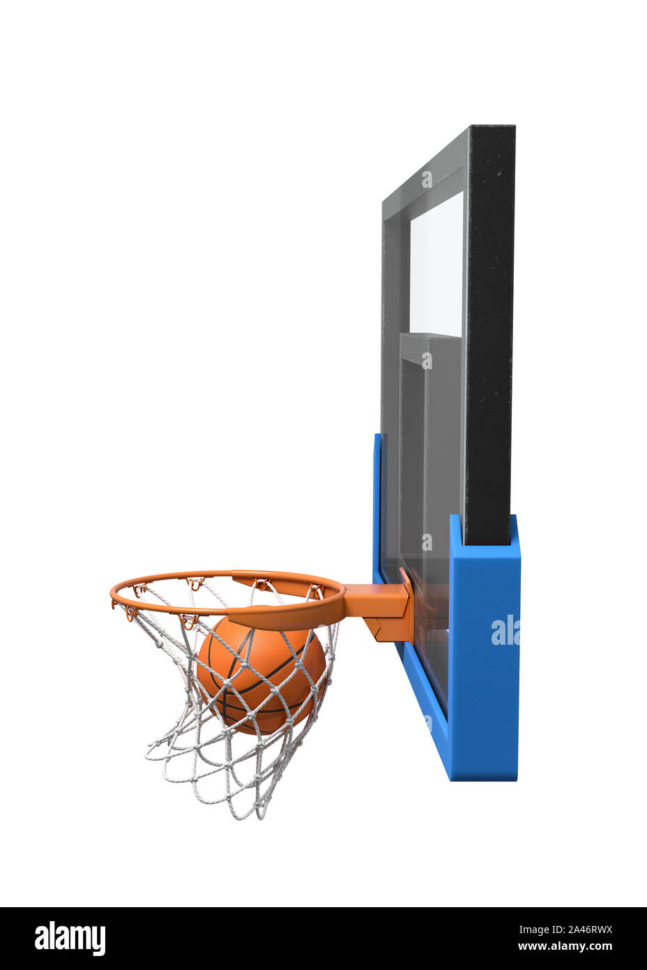 3d rendering of a basketball ball falling inside a basket attached to a