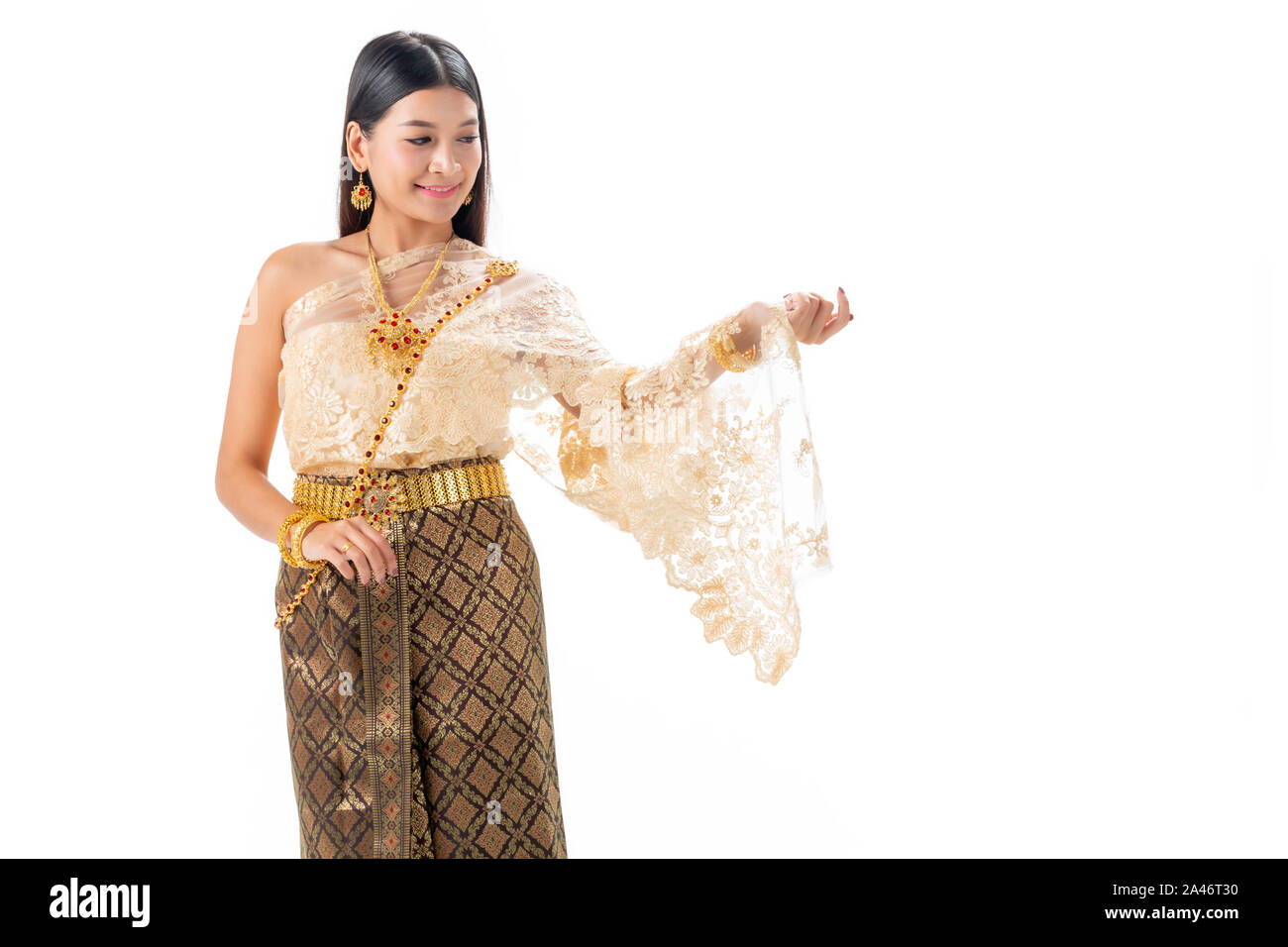 Beautiful woman smiling in national traditional costume of Thailand. Isolate on white background. Stock Photo