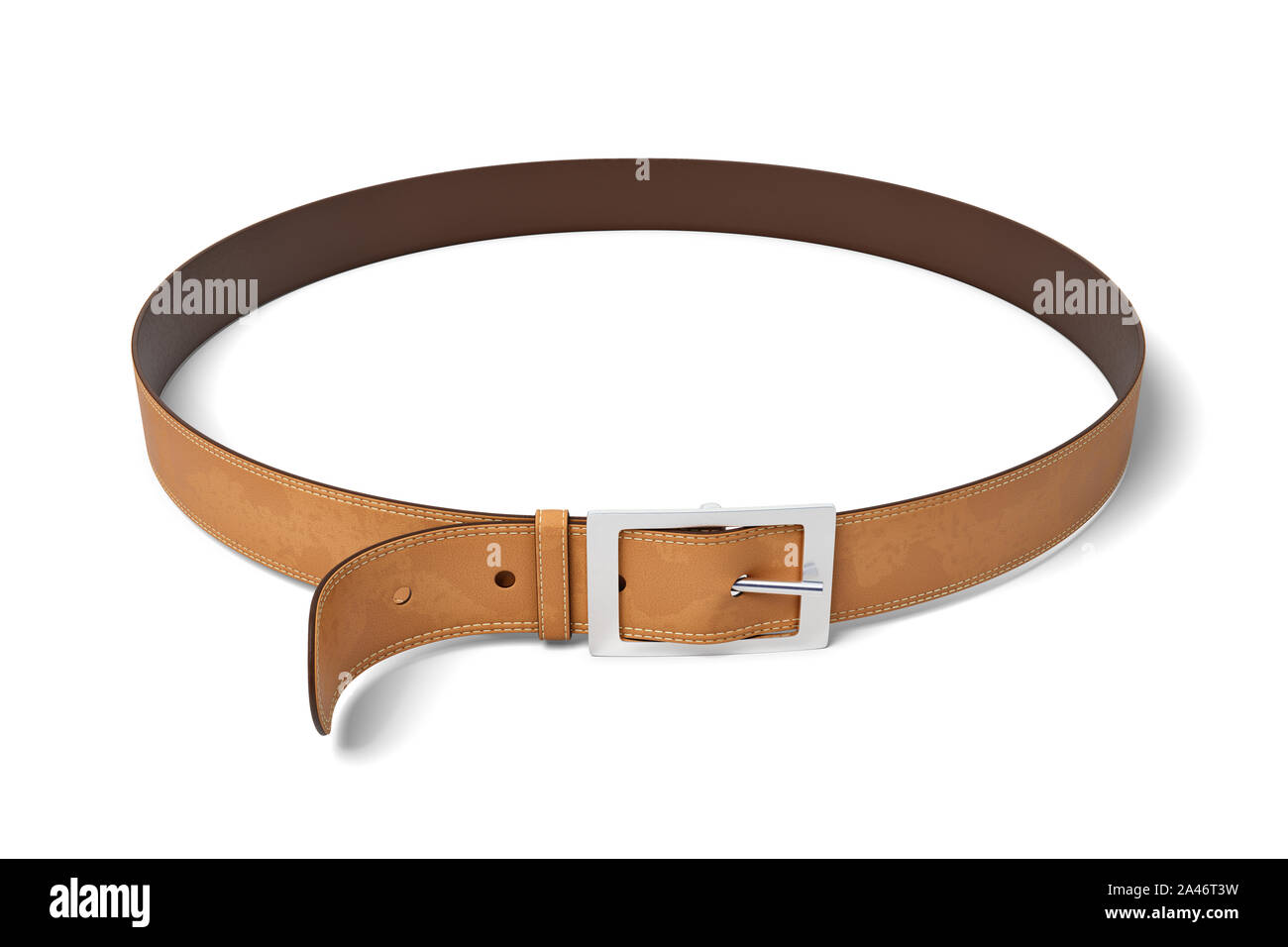 3d rendering of brown leather belt with metal buckle isolated on white background. Clothing and accessories. Natural materials. Leather goods. Stock Photo