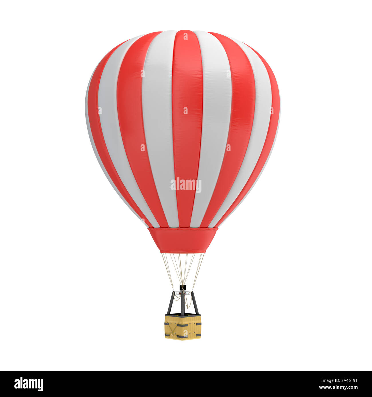 3d rendering of a red and white hot air balloon with a basket on white ...