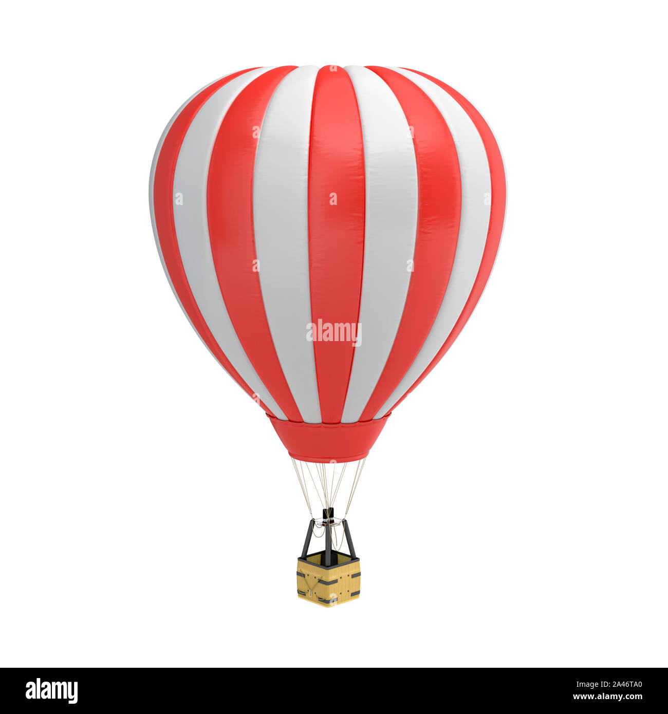 3d rendering of a red and white hot air balloon with a basket on white ...