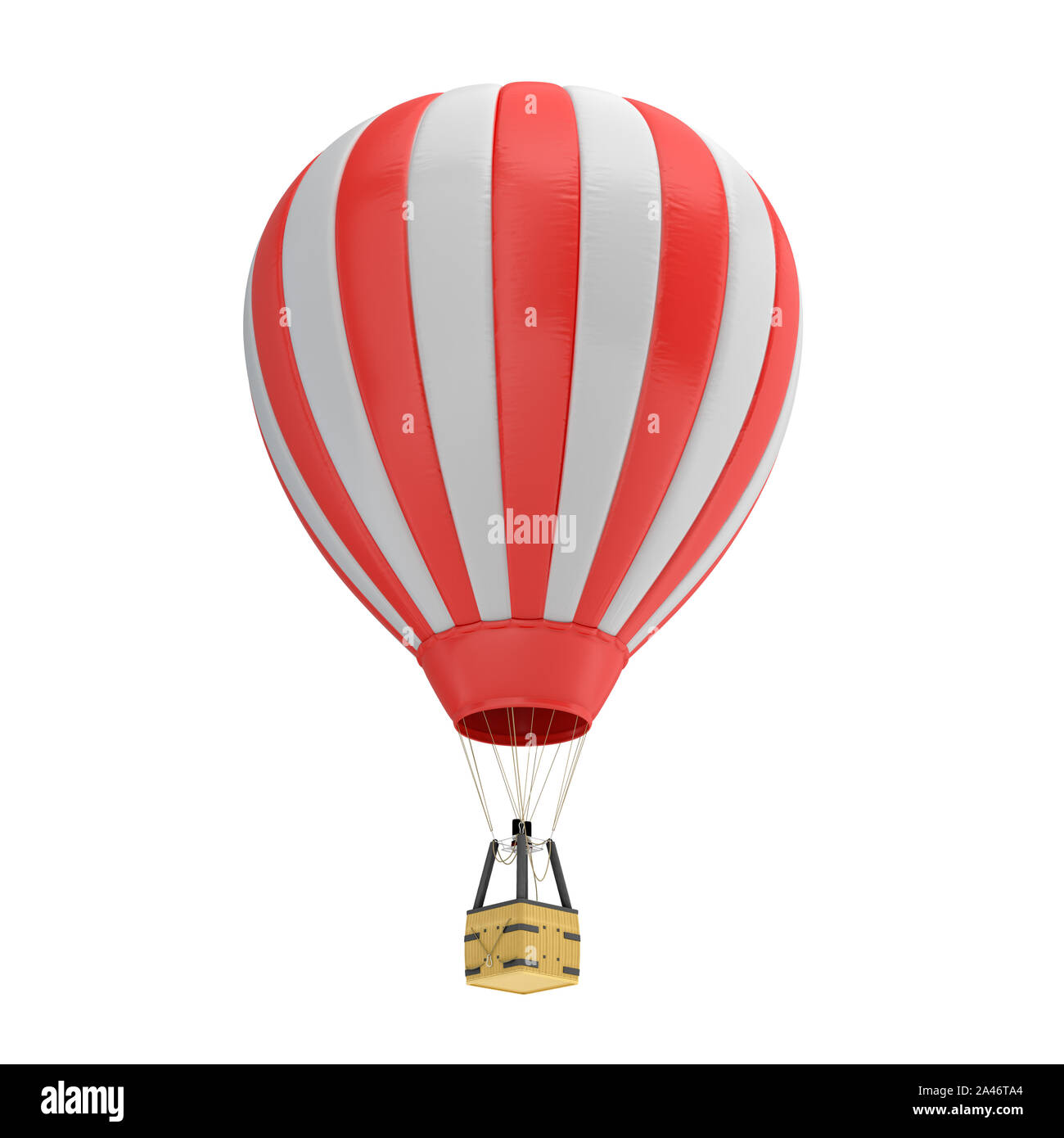 3d rendering of a red and white hot air balloon with a basket on white ...