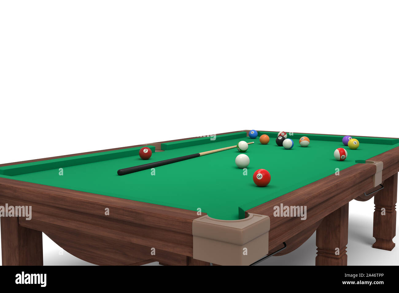3d rendering of an isolated billiard table in side angle view with a cue stick lying on the surface surrounded by many numbered balls