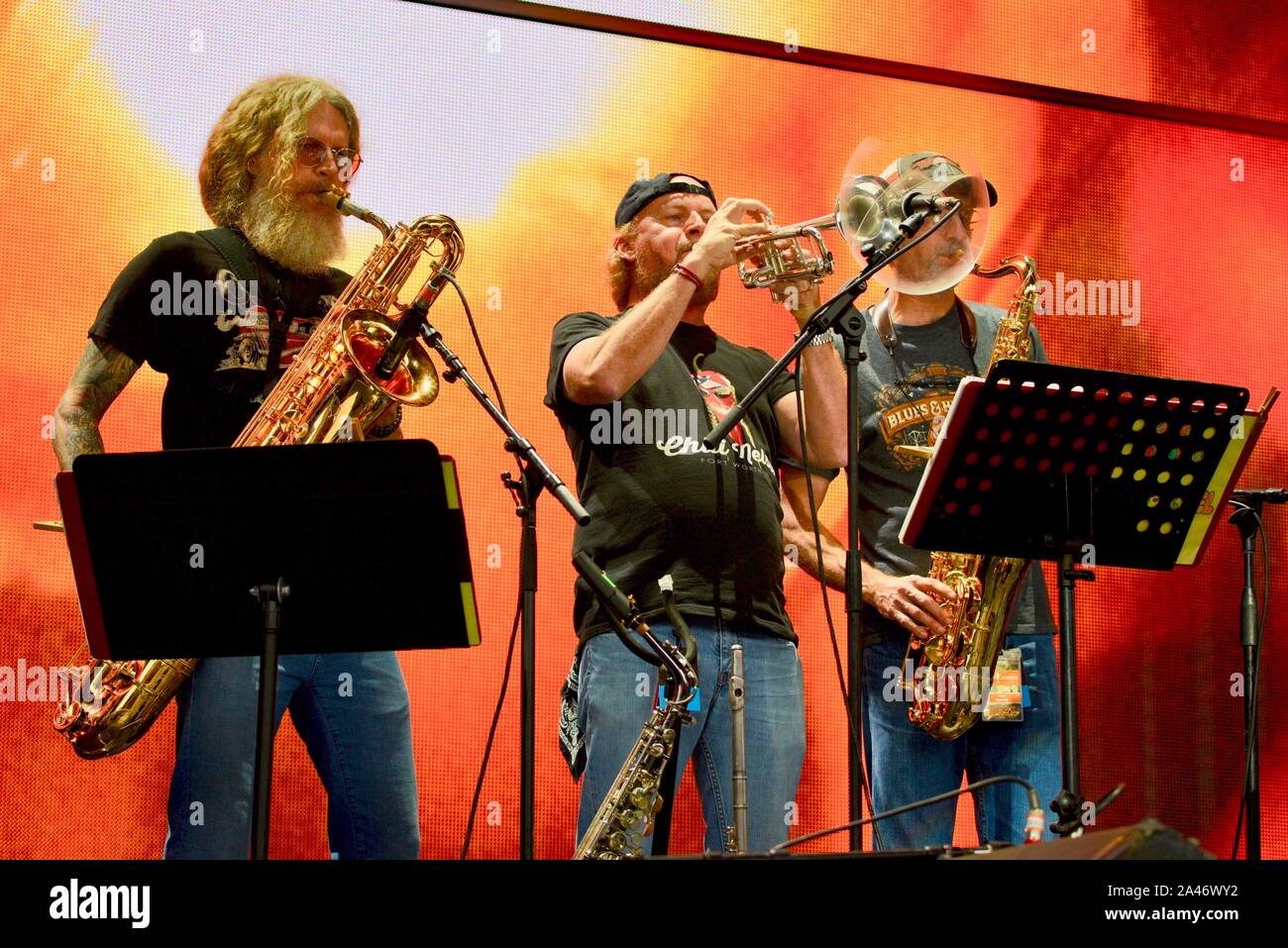 Band members performing for country music star and celebrity musician Jamey Johnson at Farm Aid, in East Troy, Wisconsin, USA Stock Photo