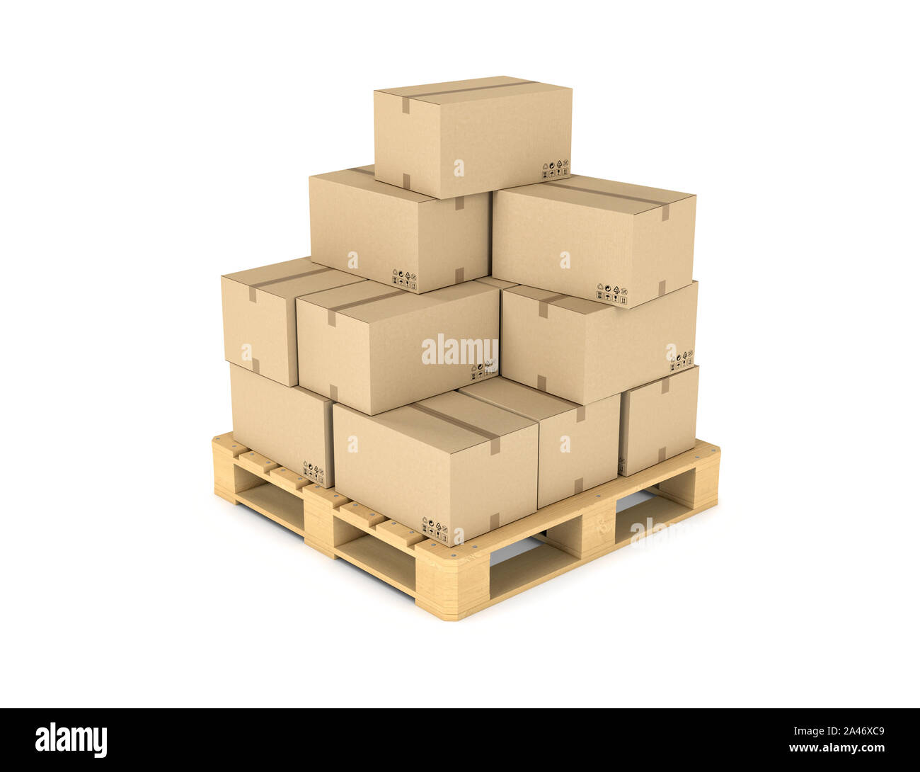 3d rendering of several carton boxes stacked evenly on a doubledecked pallet on white