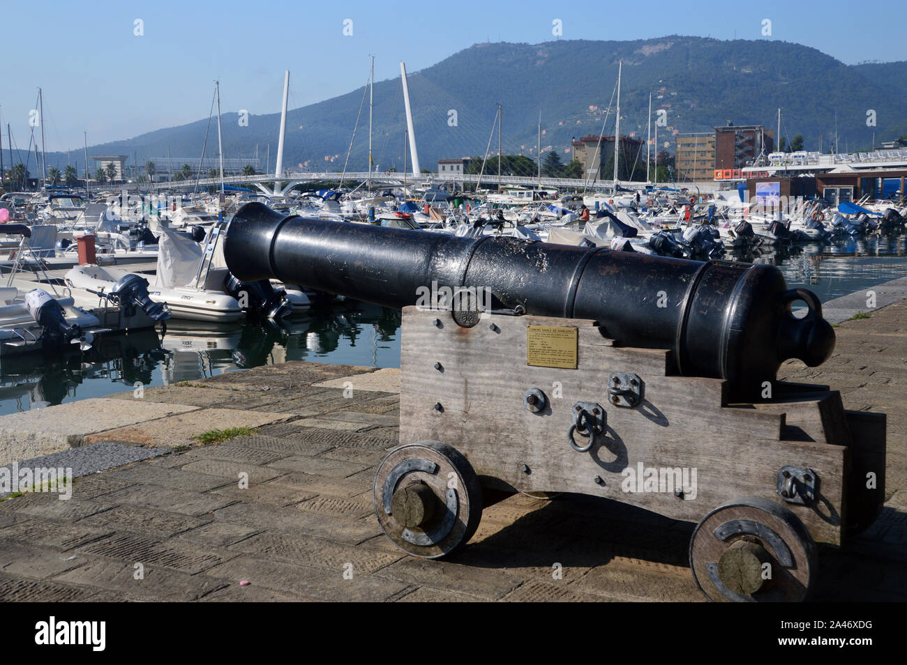 Old Naval Cannon on the Seafront at Viale Italia, La Spezia, Italy, EU. Stock Photo