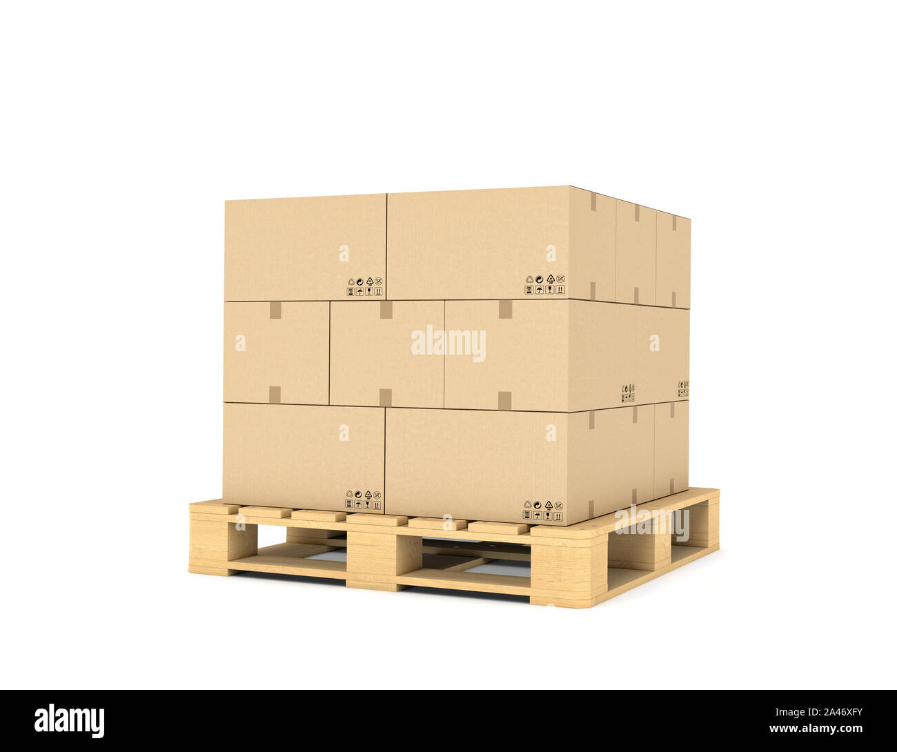 3d rendering of several carton boxes stacked evenly on a double-decked  pallet on white background. Packaging and delivery. Cargo services. Loading  goo Stock Photo - Alamy
