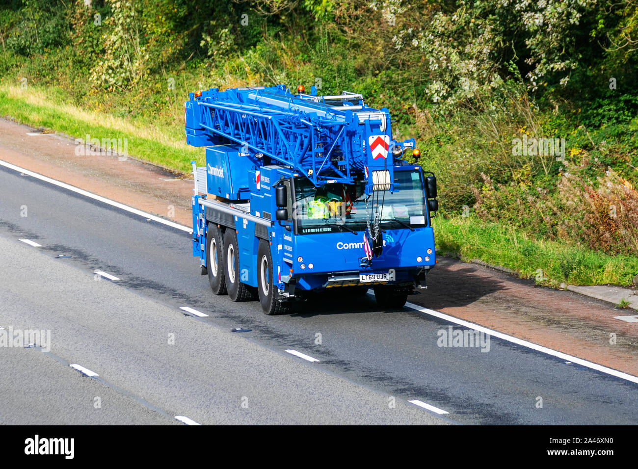 2019 Commhoist Liebherr Ltm1060-3.1 mobile cranes; Lifting equipment delivery trucks, haulage, lorry, transportation, truck,  Liebherr vehicle, delivery, transport, construction industry, on the M6 at Lancaster, UK Stock Photo
