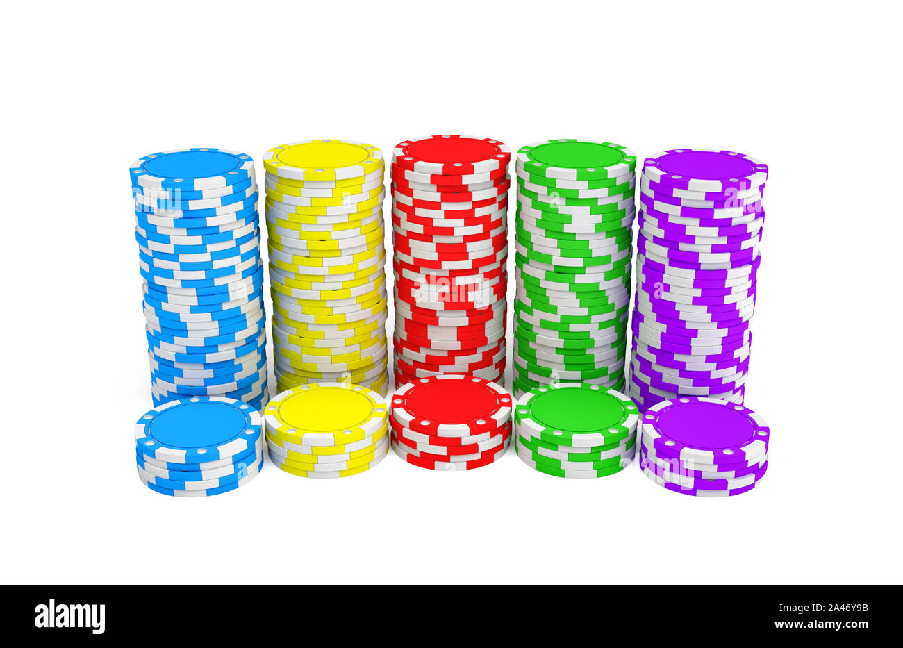 3d rendering of several stacks of gambling chips in green, yellow, red