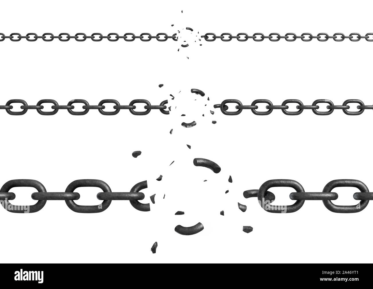 3d rendering of three parts of metal chains with different thickness broken in their centers. Broken chain. Loss of restriction. Escape and break free Stock Photo