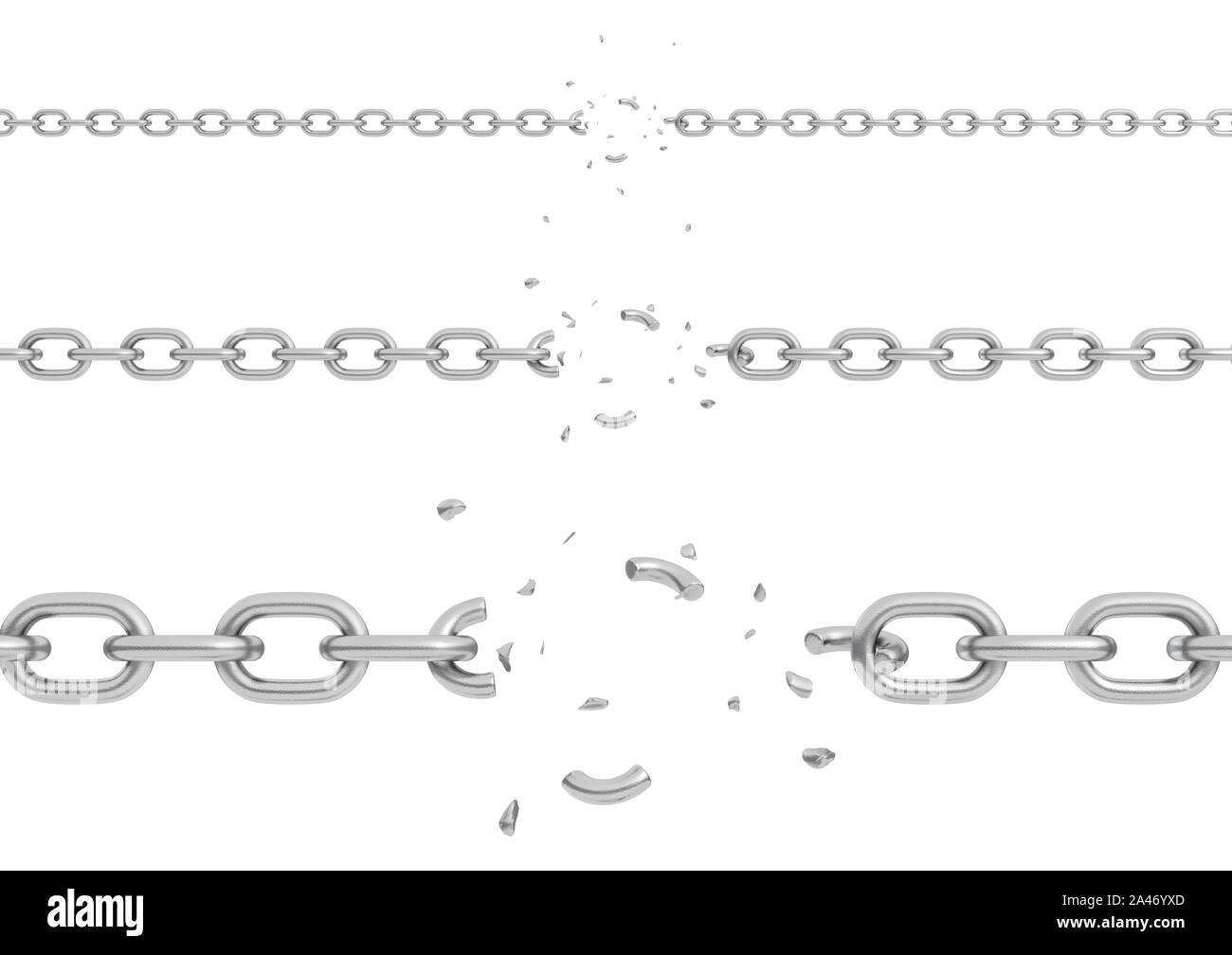 3d rendering of three parts of metal chains with different thickness broken in their centers. Broken chain. Loss of restriction. Escape and break free Stock Photo