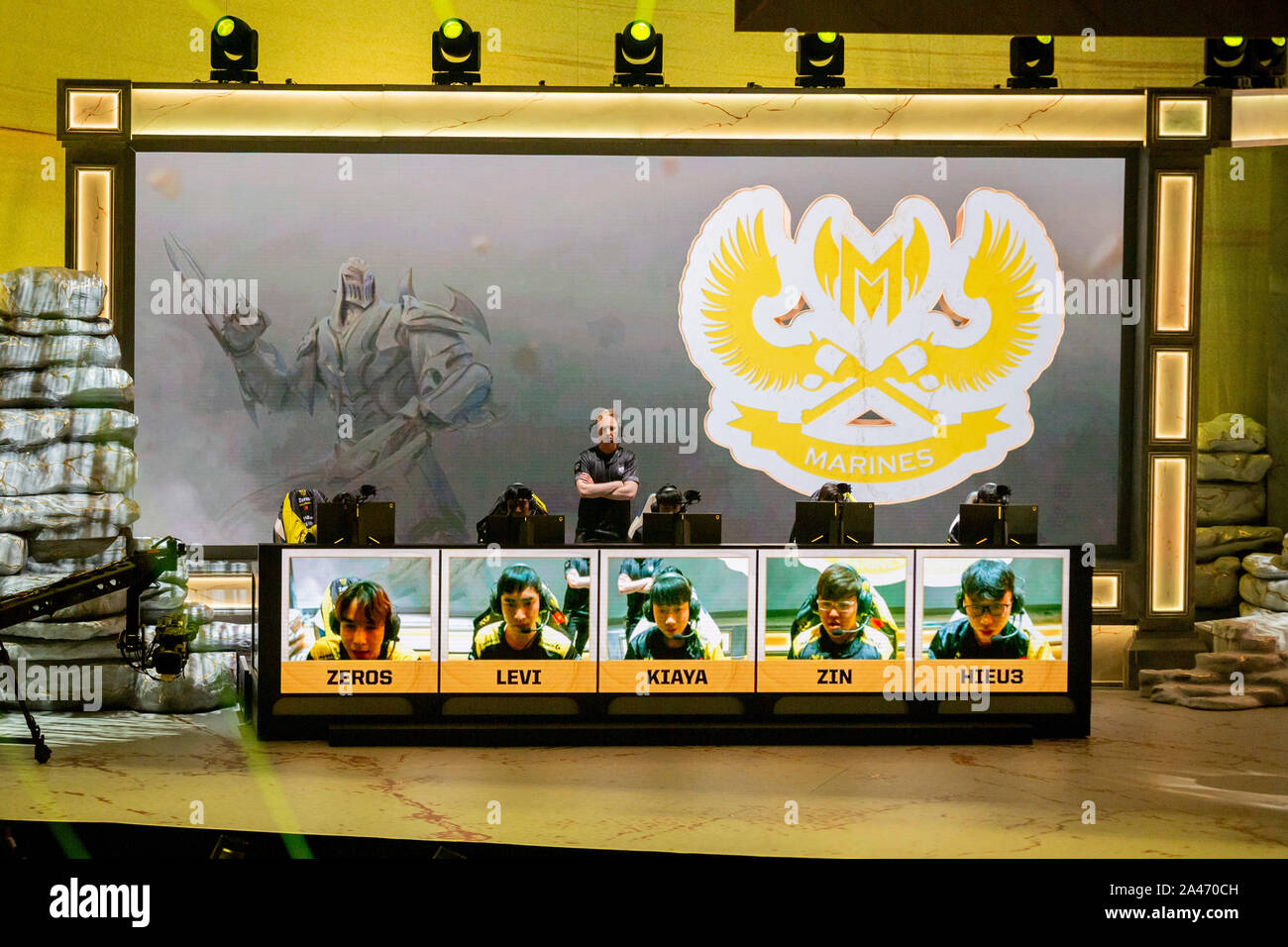 Berlin, Germany. 12th Oct, 2019. The E-Sport team Marines Esports (GIGABYTE Marines, GAM Esports) will compete in the group phase of the E-Sport 'League of Legends' World Championship at the Verti Music Hall. Credit: Christoph Soeder/dpa/Alamy Live News Stock Photo