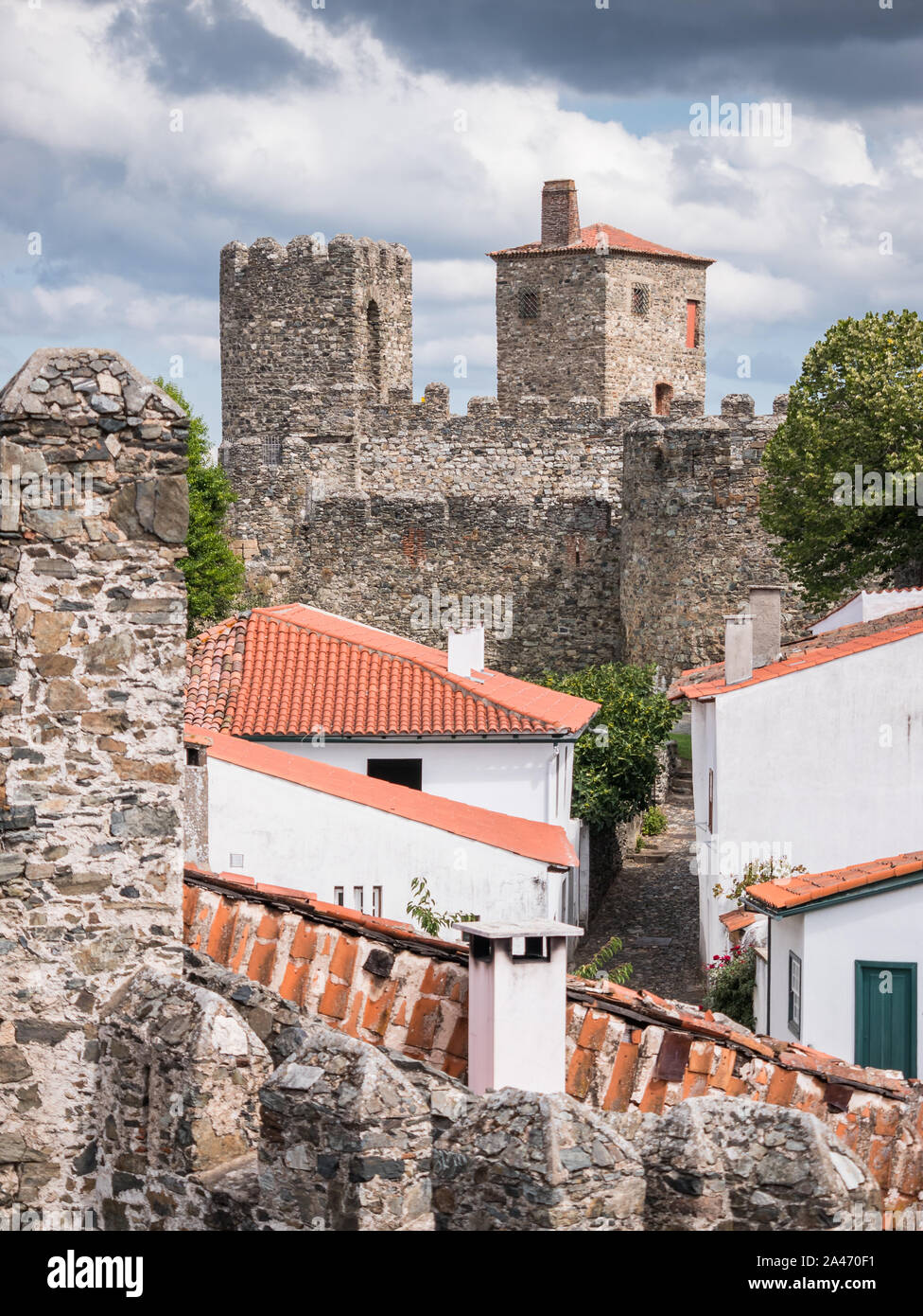 Detail view of Braganca Castle and some houses of the Old Town, Bragança, Portugal Stock Photo