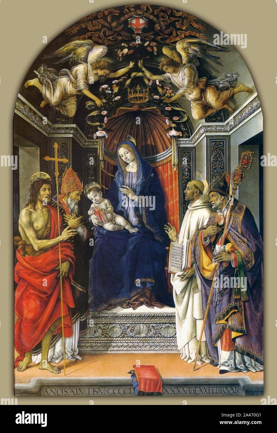 Filippino lippi, madonna col bambino e i santi g.battista, vittore, bernardo e zanobi (1485) uffizi. Stock Photo