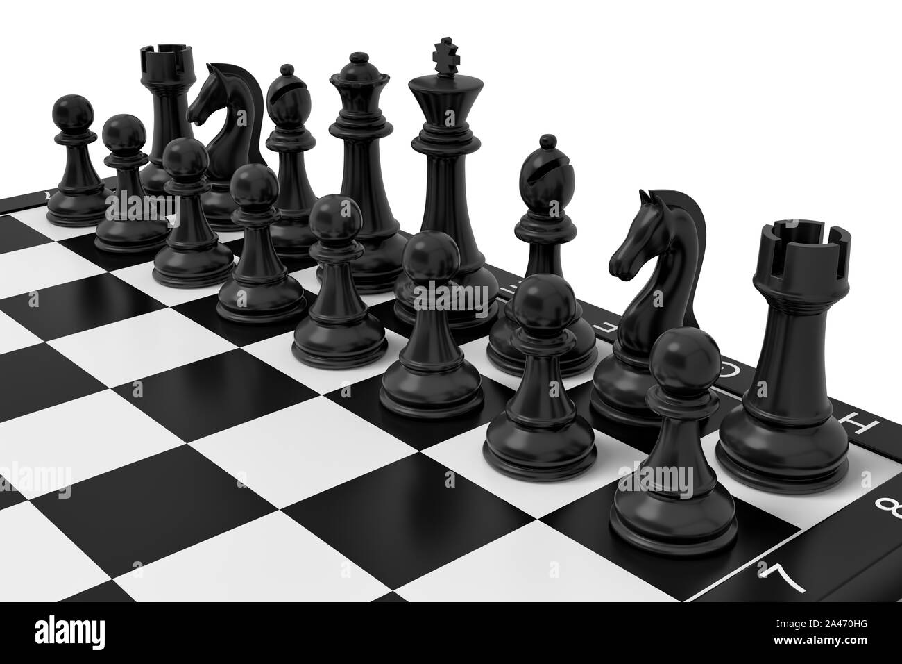 3d rendering of a full set of the black chess units standing in their
