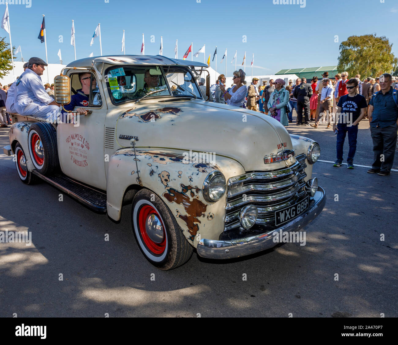 1953 Chevrolet 5-window Pick-up belonging to Fred Walmsley Motorcycles in the paddock at the 2019 Goodwood Revival, Sussex, UK. Stock Photo
