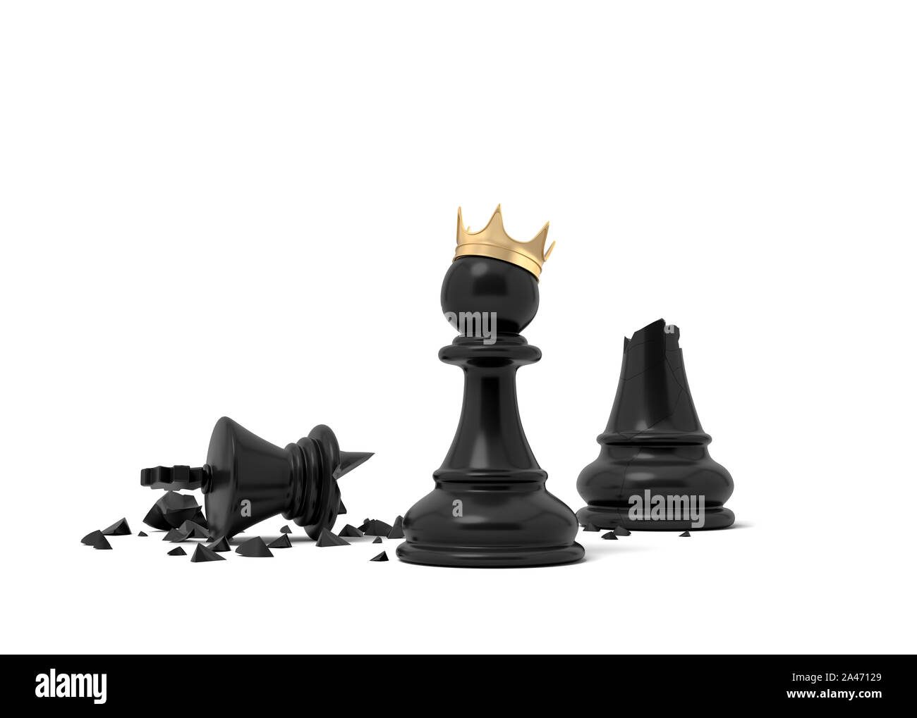3d rendering of a black chess pawn wearing a gold crown and standing near a broken black king piece. Business and career. From pawn to king. Promotion Stock Photo