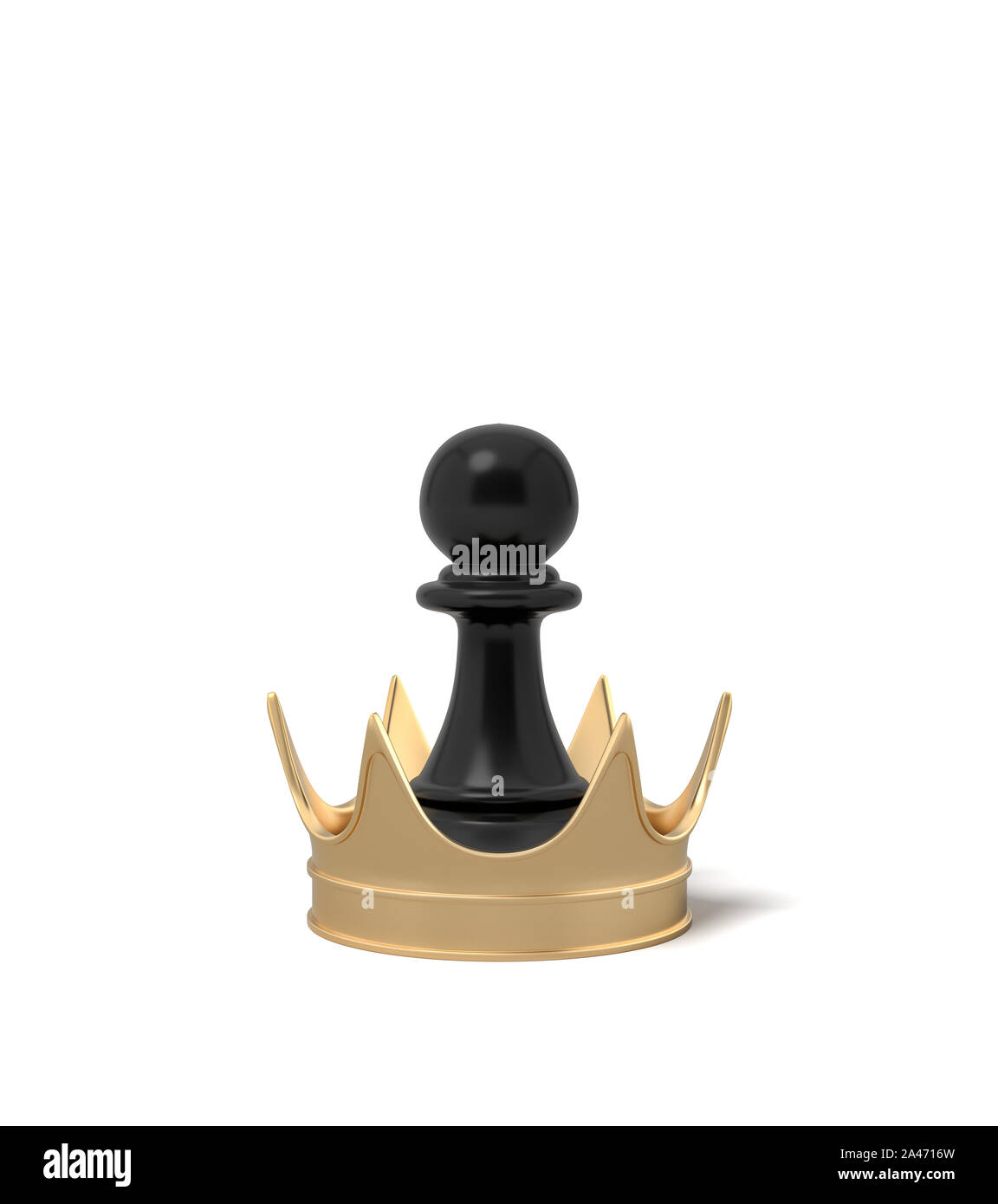 3d rendering of a black chess pawn standing inside a giant golden crown on a white background. Career aspirations. Future prospects. Development and g Stock Photo