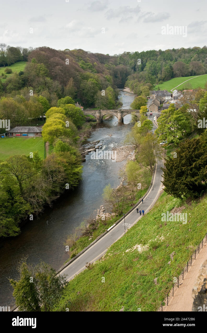 View along River Swale toward Richmond Bridge. RIchmond, North Yorkshire, England Stock Photo