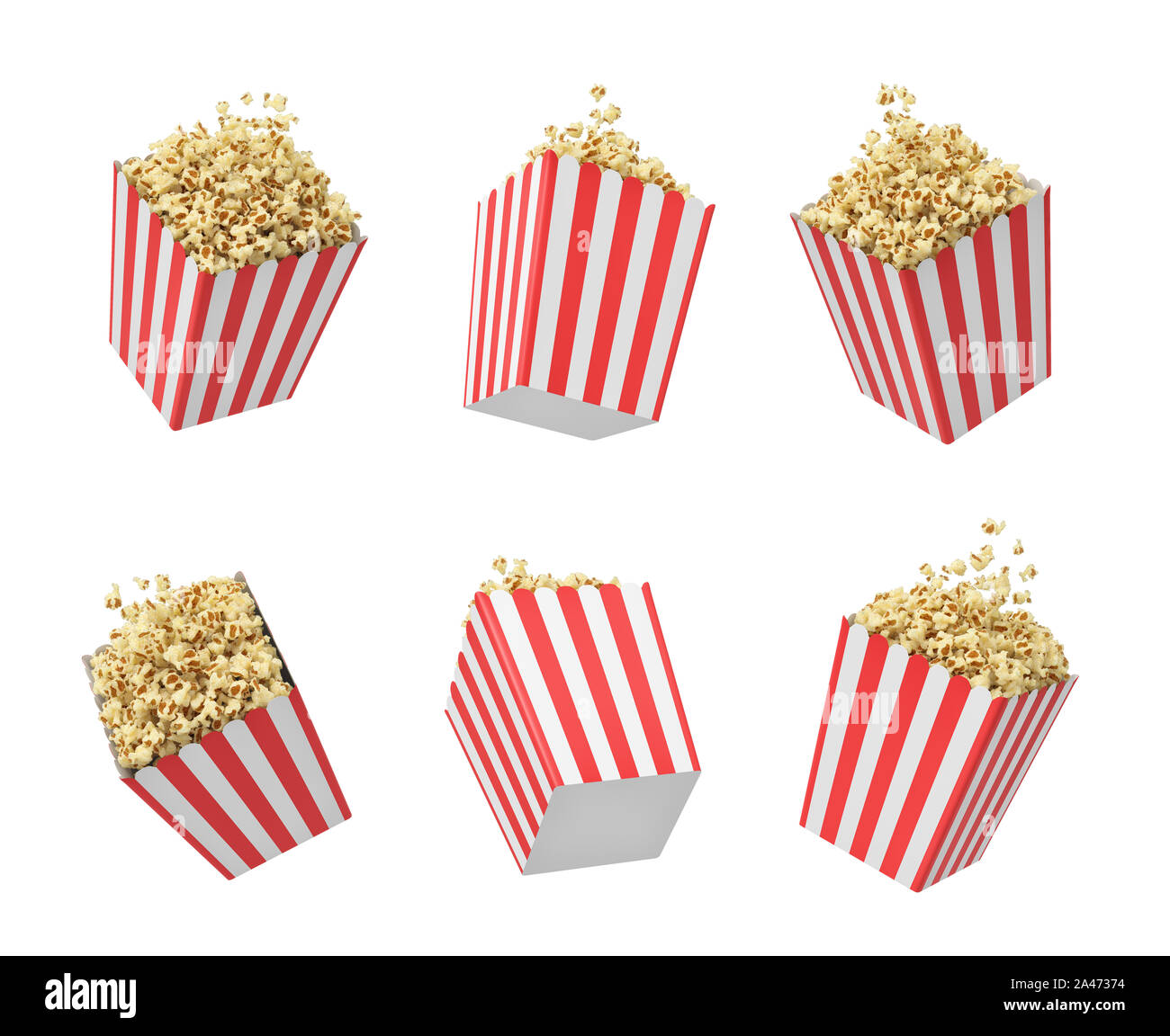 3d rendering of six striped pop corn tubs hanging on white background ...