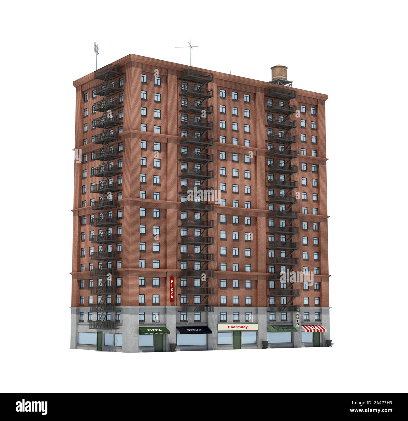 3d rendering of a red brick apartment building with fire escapes and ...