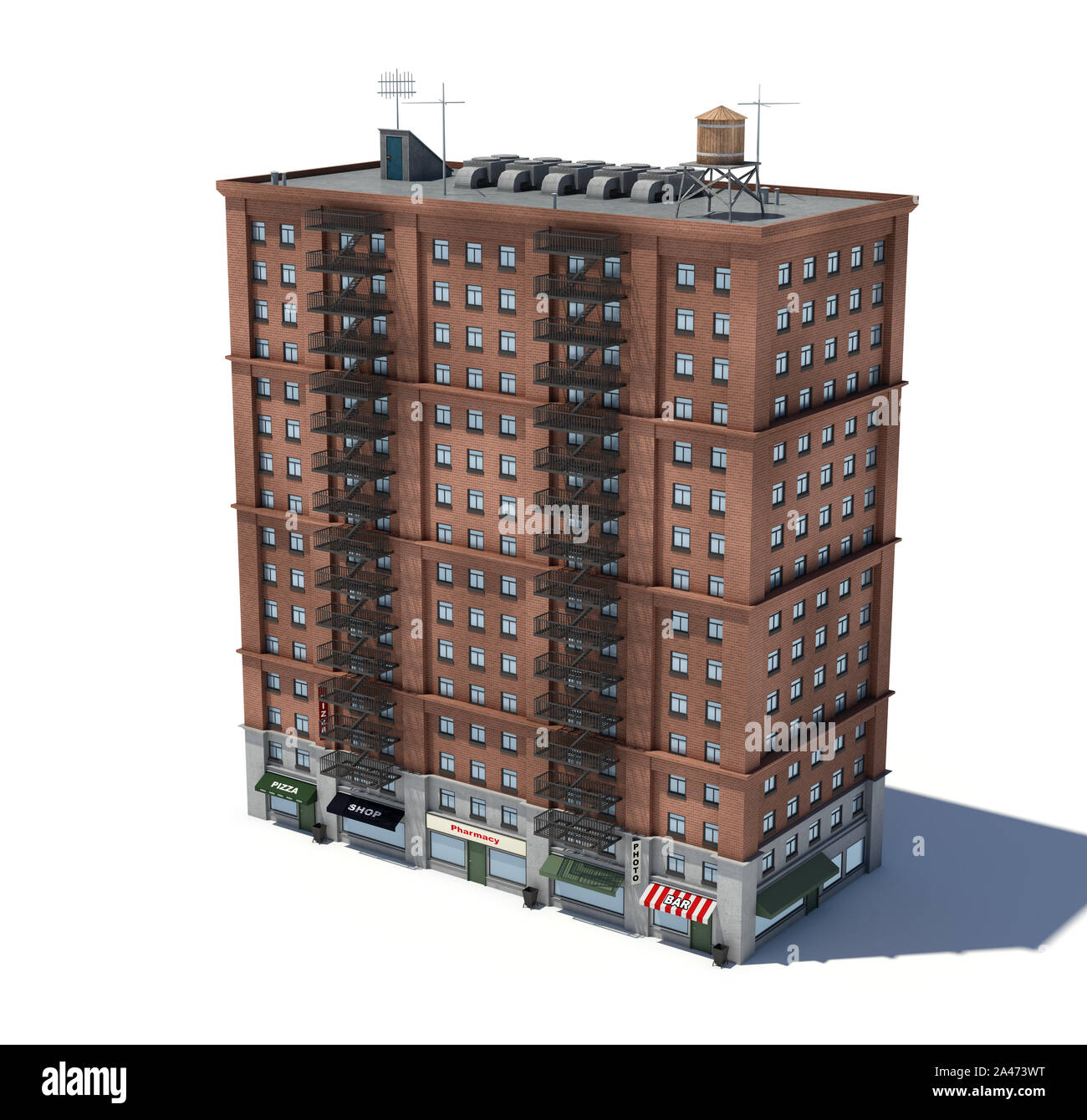 3d rendering of a red brick apartment building with fire escapes and ...