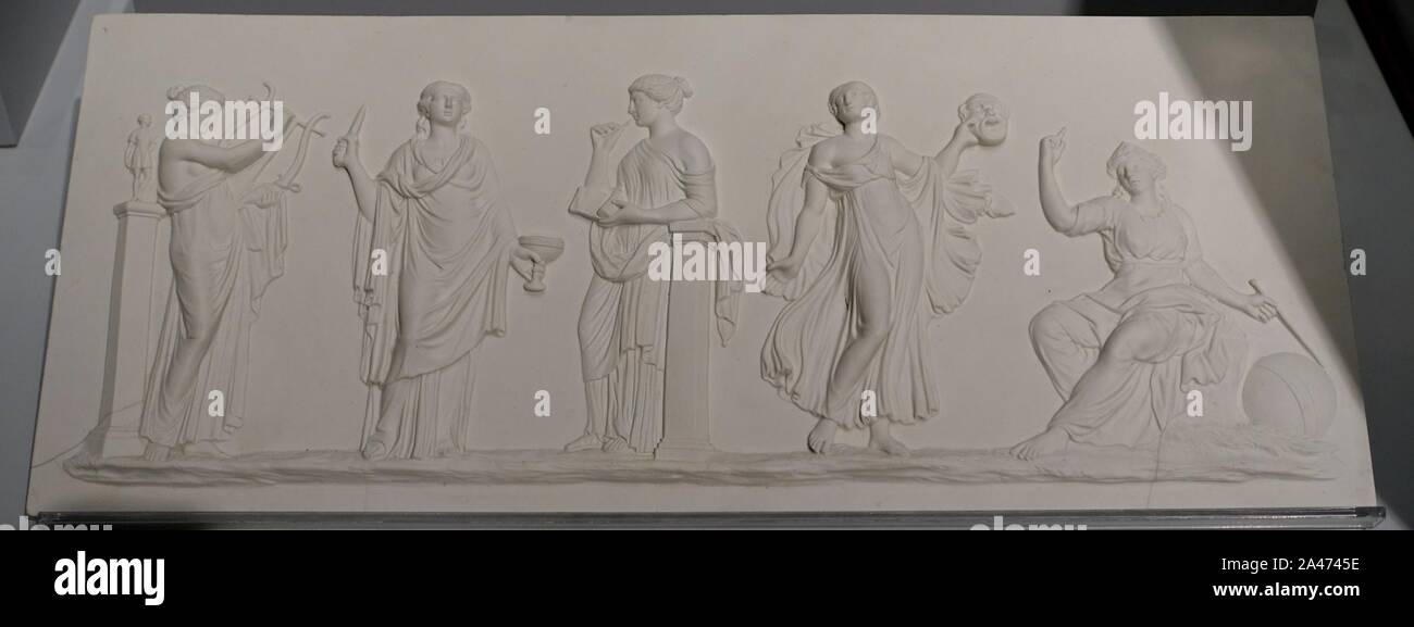 Five Muses (Terpsichore, Melpomene, Calliope, Thalia, Urania), attributed to John Flaxman Jr, c. 1778, white jasper Stock Photo