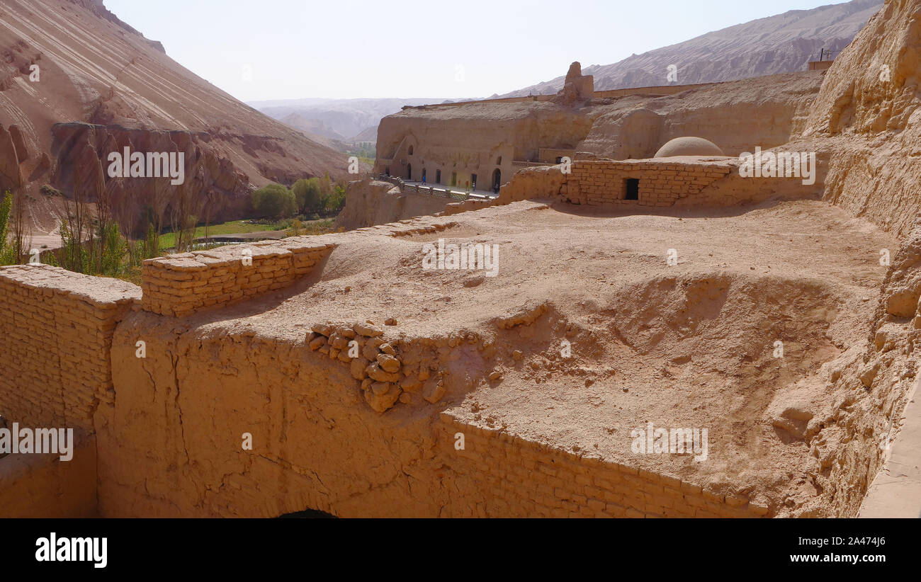 Landscape view of The Bezeklik Thousand Buddha Caves in Turpan Xinjiang Province China. Stock Photo