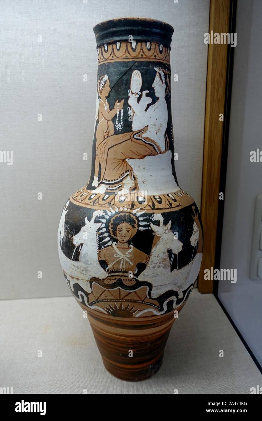 Flagon with sun god and Aphrodite with Eros, Faliscan, 330-300 BC, Stock Photo