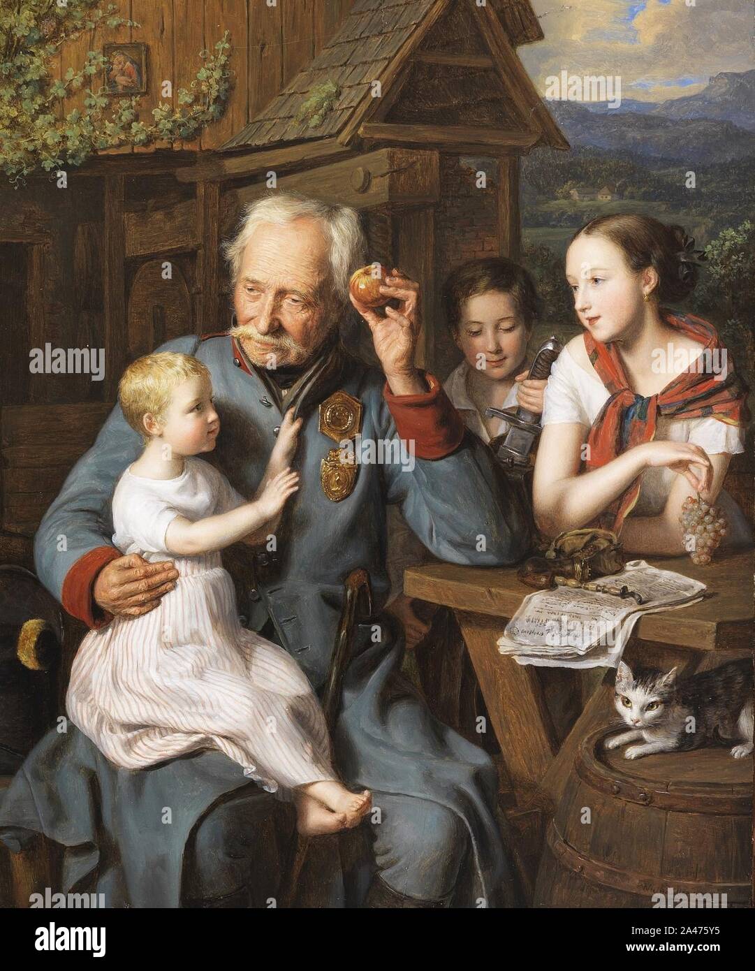Ferdinand Georg Waldmüller Ein alter Invalide mit drei Kindern 1827. Stock Photo