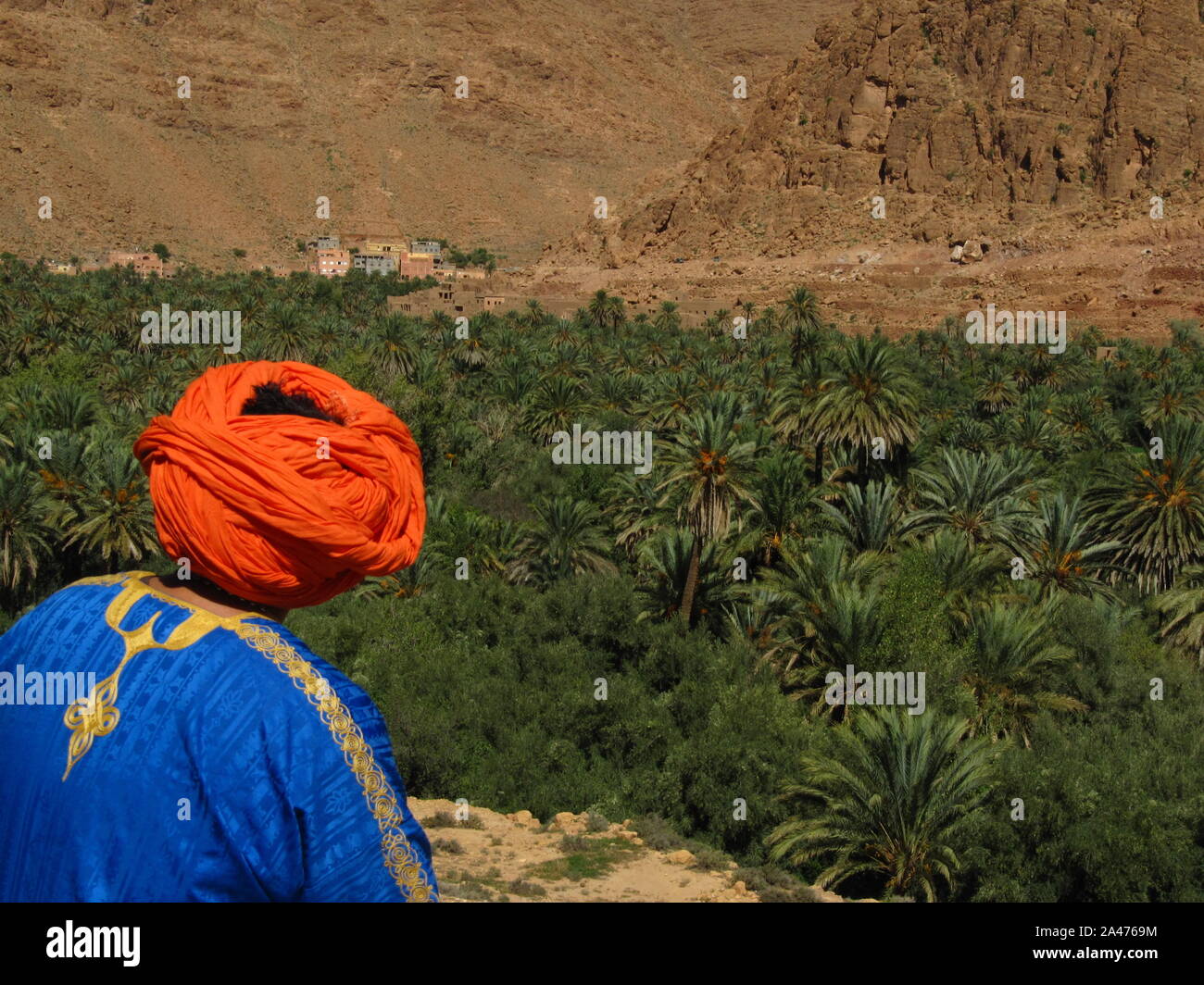Arab man with orange turban and blue chilaba looks towards the palm grove in Morocco in October 2019 Stock Photo