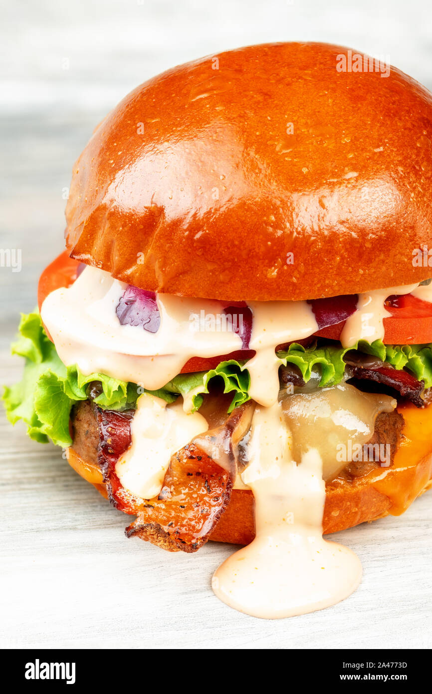 Layers of delicious ingredients in a meatball sandwich Stock Photo