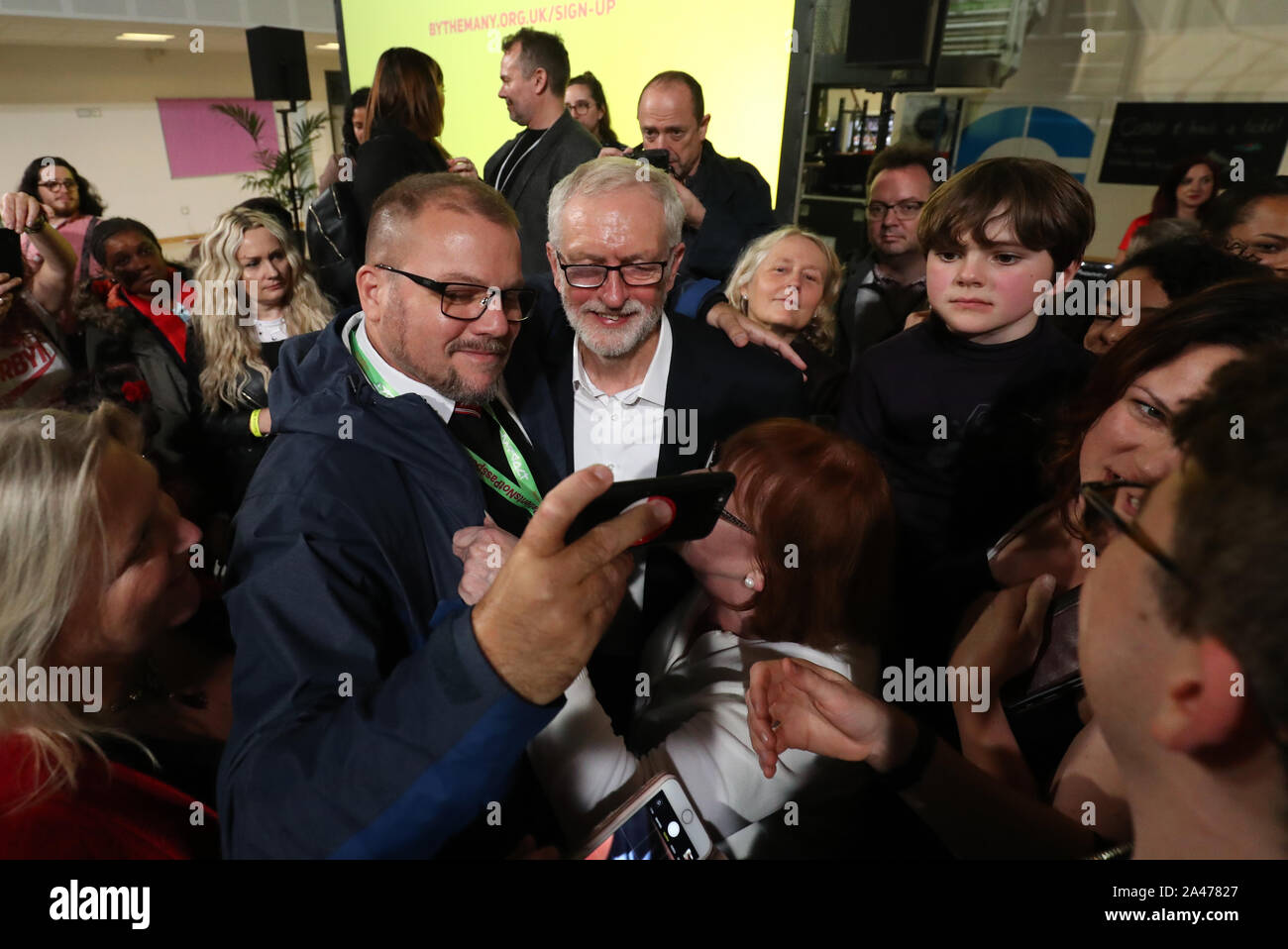 Labour leader Jeremy Corbyn poses for a selfie following his speech at a rally in Hastings, East Sussex, where he promised to fix the 'grotesque inequality' blighting 'held-back' coastal communities in an election pitch in the key marginal seat. Stock Photo