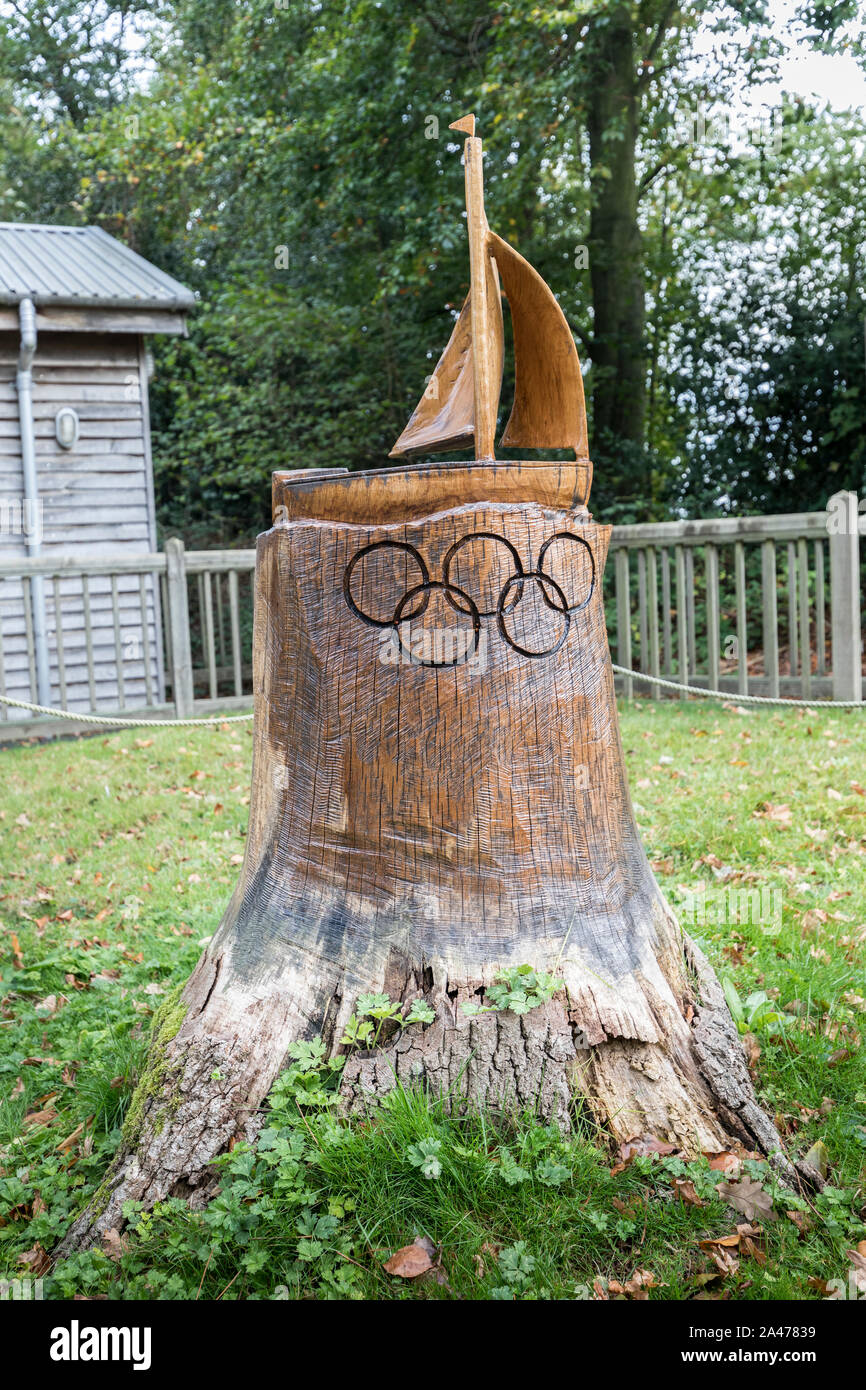 The Olympic Oak carved from a sapling given to Christopher Boardman, How Hill, Ludham, Norfolk, England, UK Stock Photo