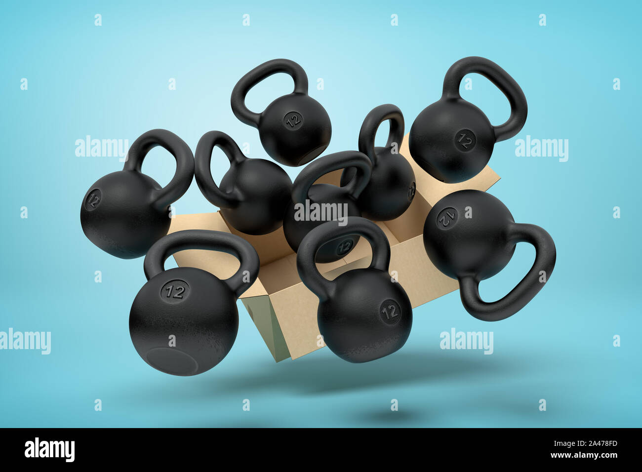3d rendering of cardboard box in air full of several black kettlebells which are flying out and floating outside on blue background. Sporting equipmen Stock Photo