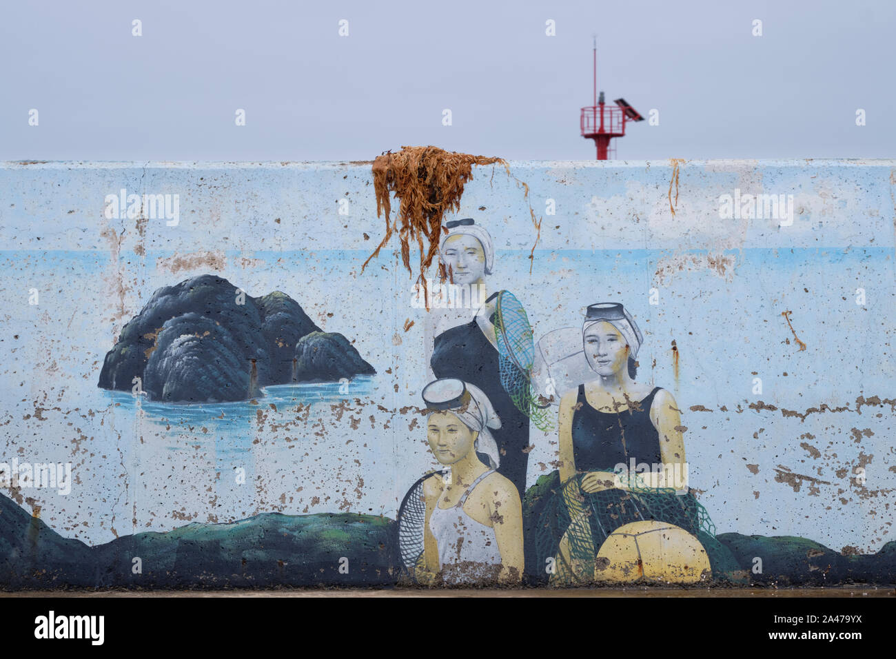 Mural showing the woman divers of Jeju on a retaining wall, showing aging Stock Photo