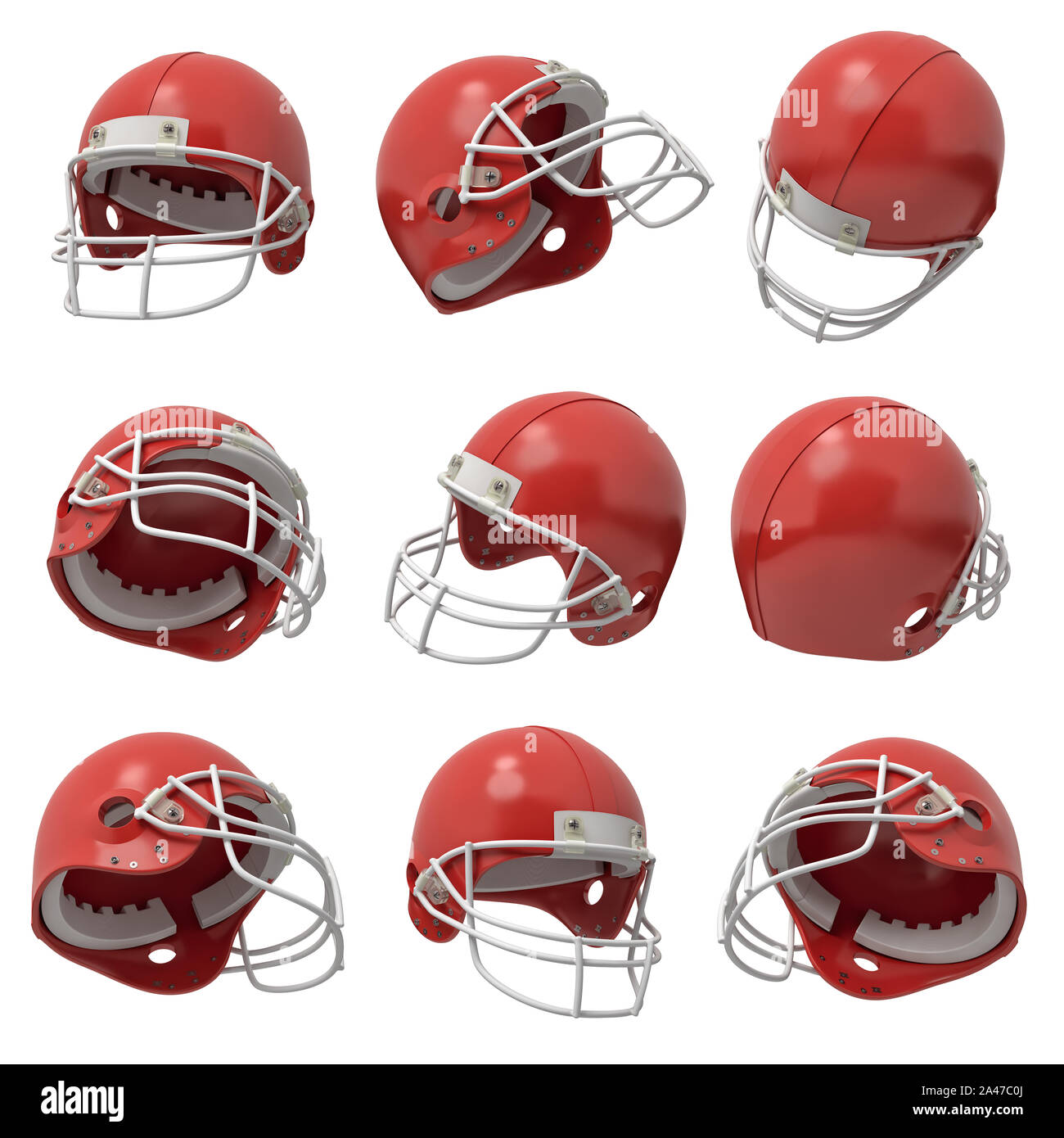3d rendering of many red American football helmets flying in several  positions on a white background. Sport headwear. American football player.  Athlet Stock Photo - Alamy, image size:1300x1390