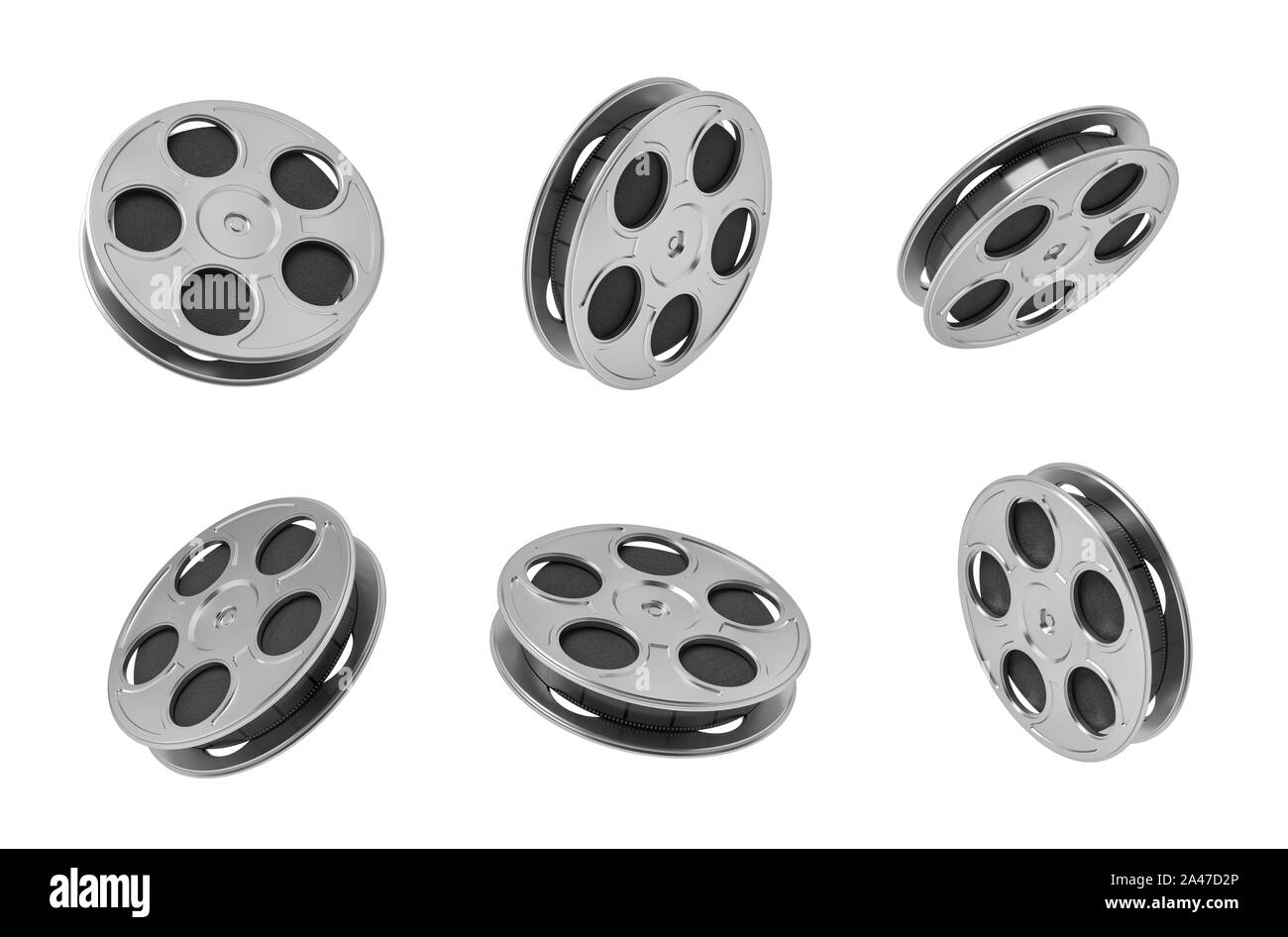 3d rendering of six black movie tape reels in different angles on