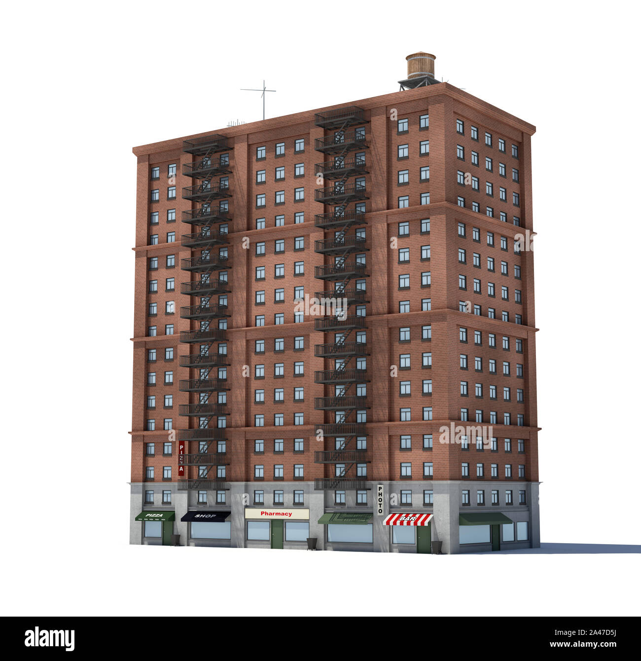 3d rendering of a red brick apartment building with fire escapes and ...