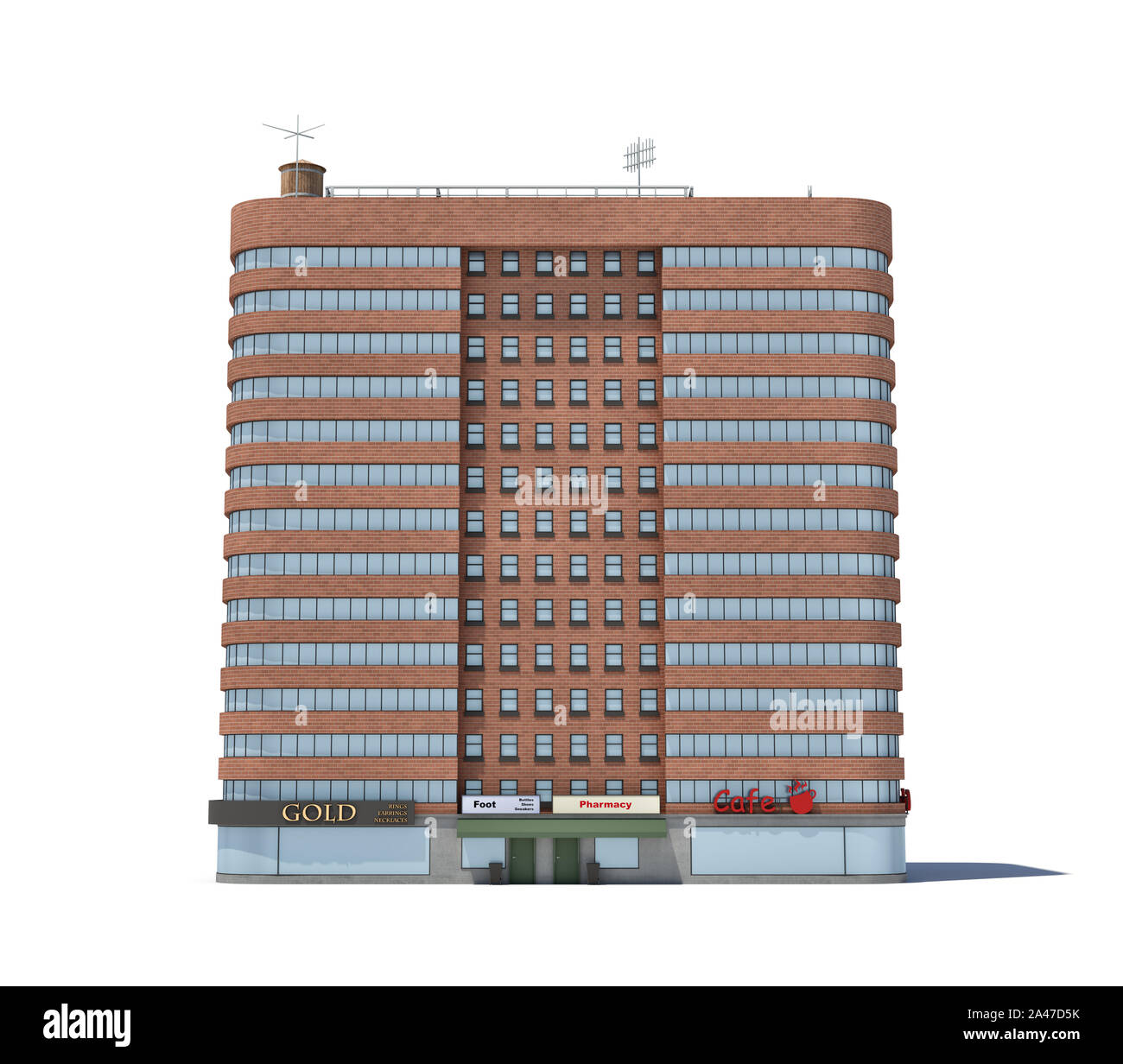 3d rendering of a red brick apartment building with shops on the ground ...