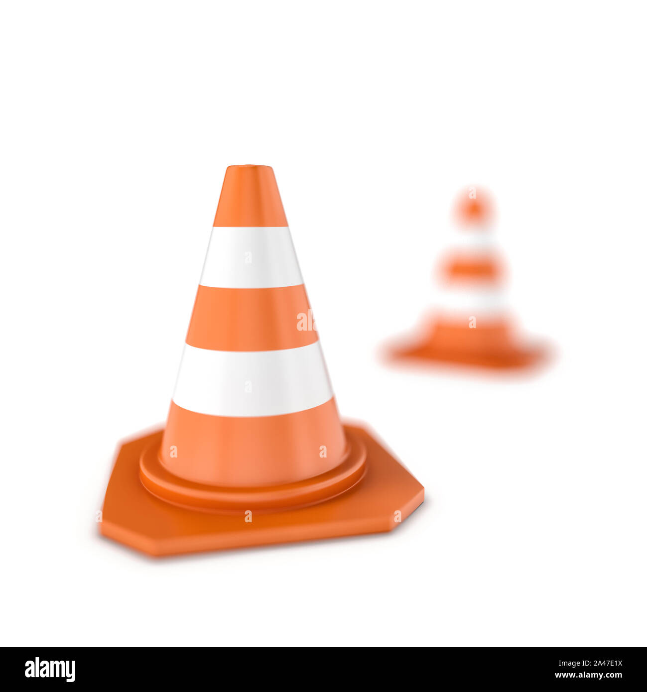 3d rendering of one closeup traffic cone and one standing in the
